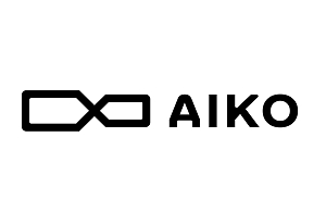 L'immagine mostra un logo geometrico nero che ricorda il simbolo dell'infinito accanto alla parola maiuscola "AIKO" su sfondo bianco.