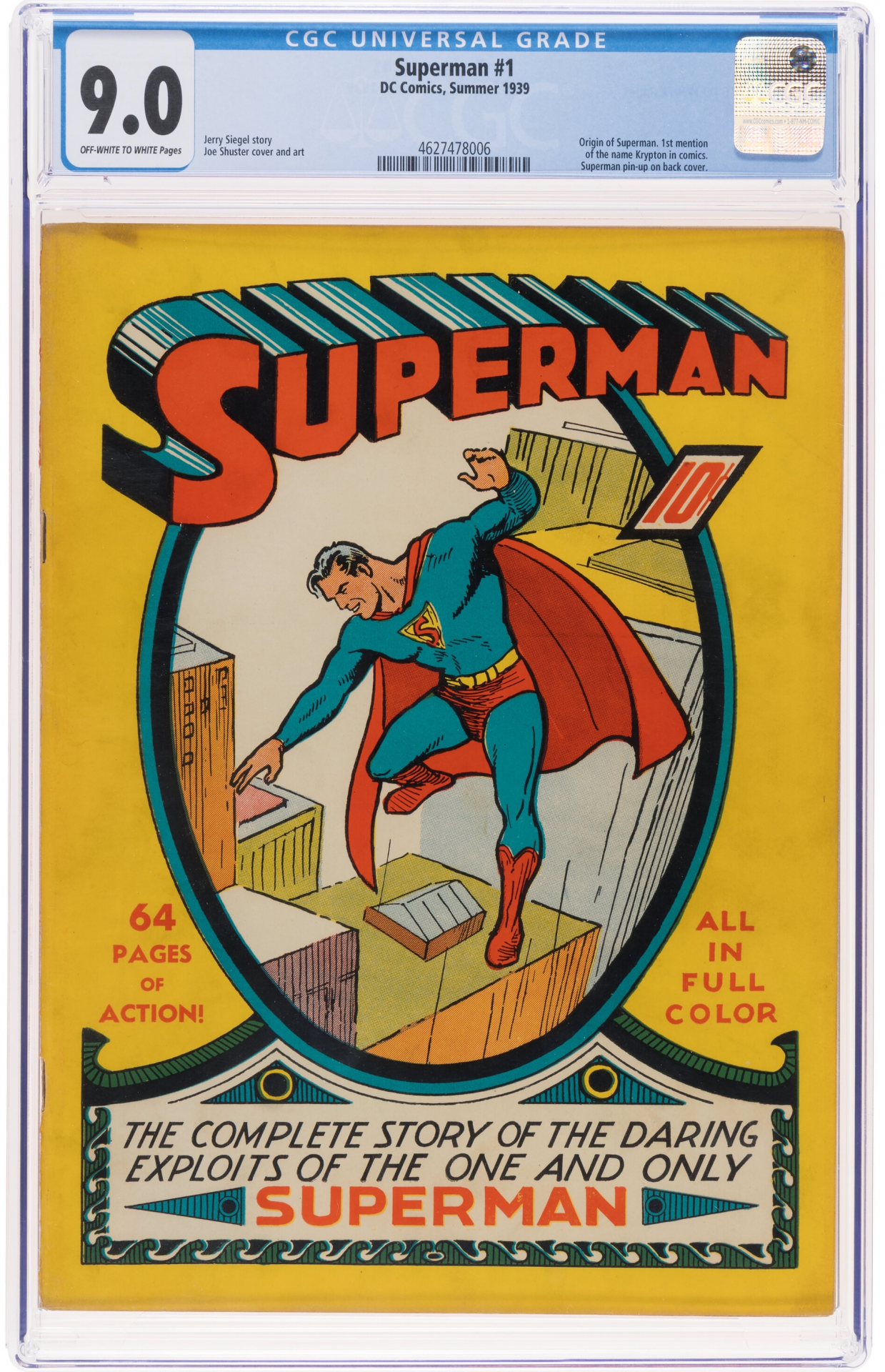 La copertina classificata di Superman #1 mostra Superman in volo su una città, pronto ad atterrare. Perfetta per i beni collezione 2025, la copertina presenta un testo in grassetto e uno sfondo giallo, evidenziando "64 pagine di azione" e "tutto a colori".
