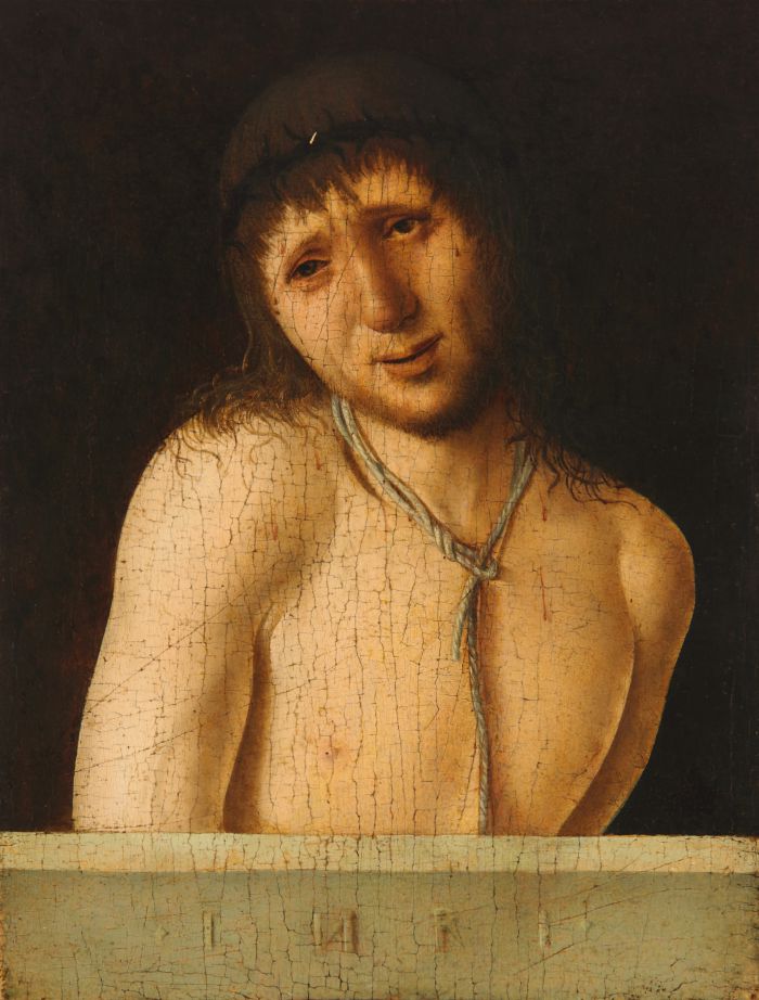 Il dipinto raffigura un uomo addolorato, seminudo, con i capelli lunghi, che indossa una semplice fascia e una corda al collo, dietro una sporgenza di pietra su uno sfondo scuro. La sua espressione è sofferente e luttuosa.