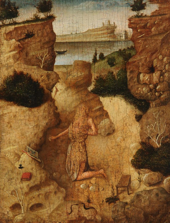 Una persona vestita a brandelli si inginocchia in un paesaggio roccioso e brullo tra scogliere, con acqua e una nave sullo sfondo. La scena comprende oggetti sparsi e alberi radi sotto una superficie pittorica antica e screpolata.