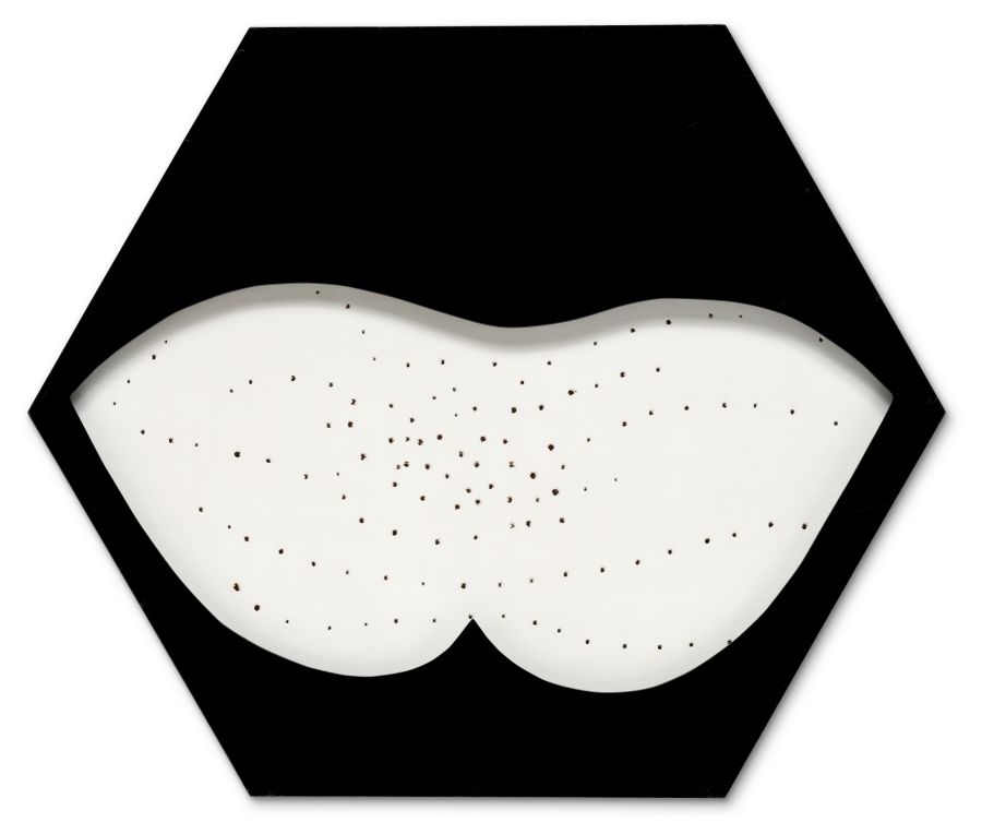Un'opera d'arte esagonale con un bordo nero e un'area centrale bianca, che richiama il minimalismo astratto di Lucio Fontana Milano, presenta piccoli punti neri sparsi in un motivo irregolare. Lo spazio bianco si incurva verso l'interno nella parte inferiore, ricordando una farfalla o una nuvola astratta.