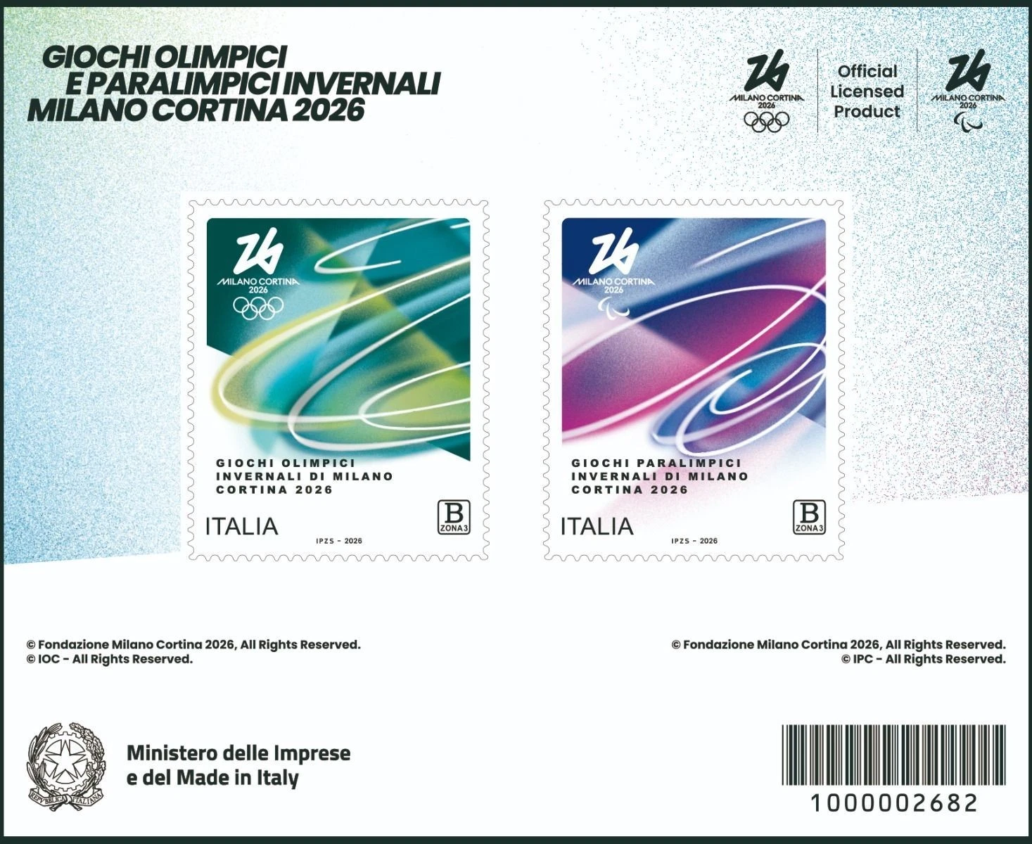 Foglio con due francobolli italiani per i Giochi Olimpici e Paralimpici Invernali di Milano Cortina 2026, con disegni astratti e colorati e loghi degli eventi, con testo italiano e inglese sopra e sotto i francobolli.
